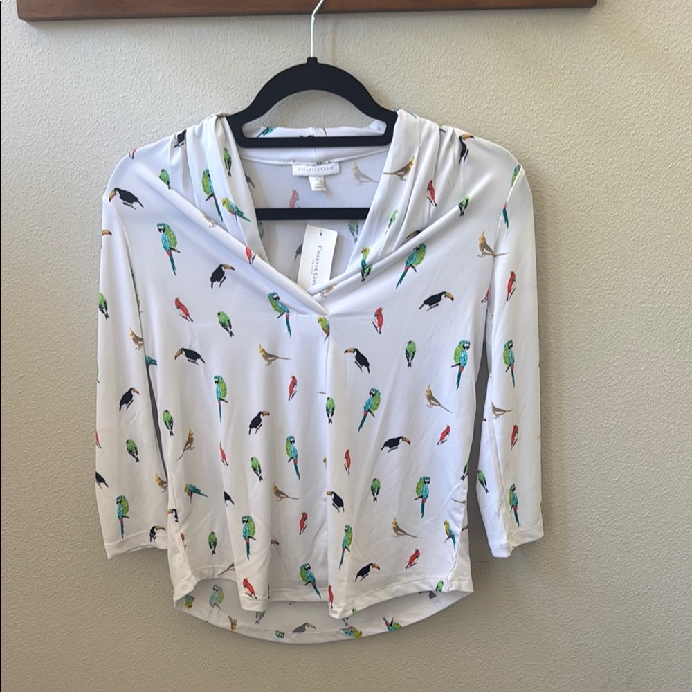 Charter Club White Blouse with Colorful Bird Print